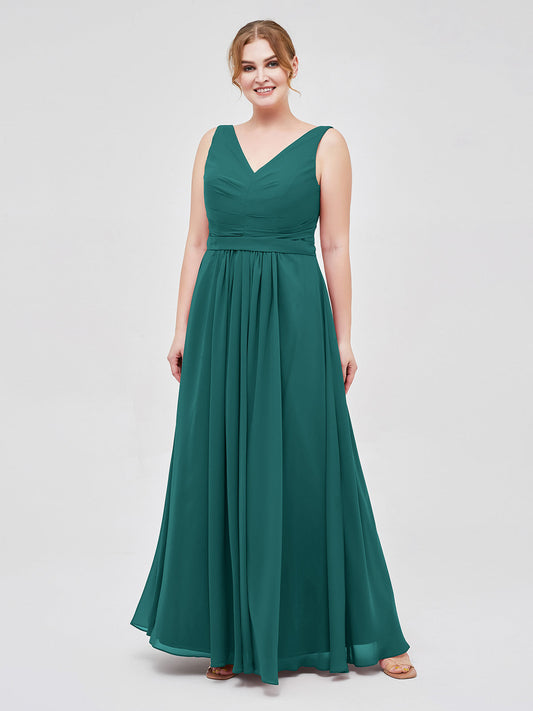 V-neck Chiffon Long Dress of Bridesmaids Peacock