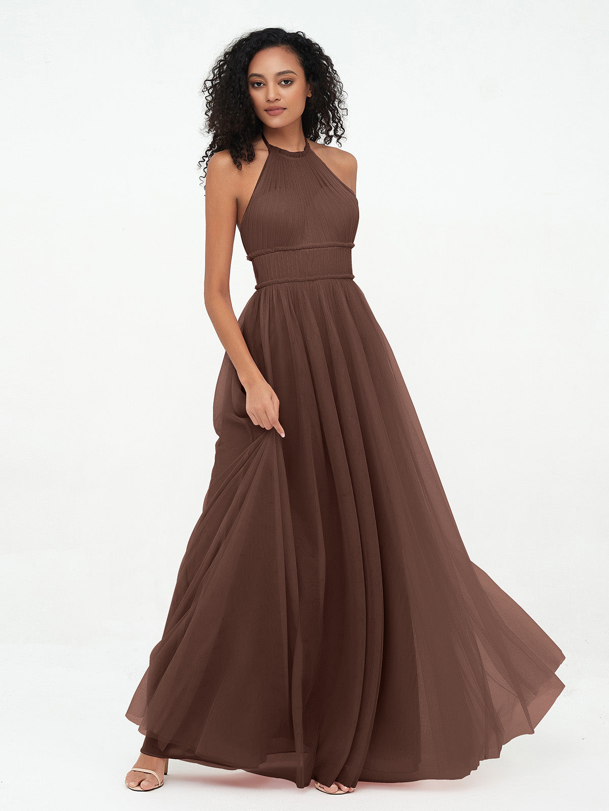 Illusion Halter Tulle Maxi Boho Dresses-Chocolate