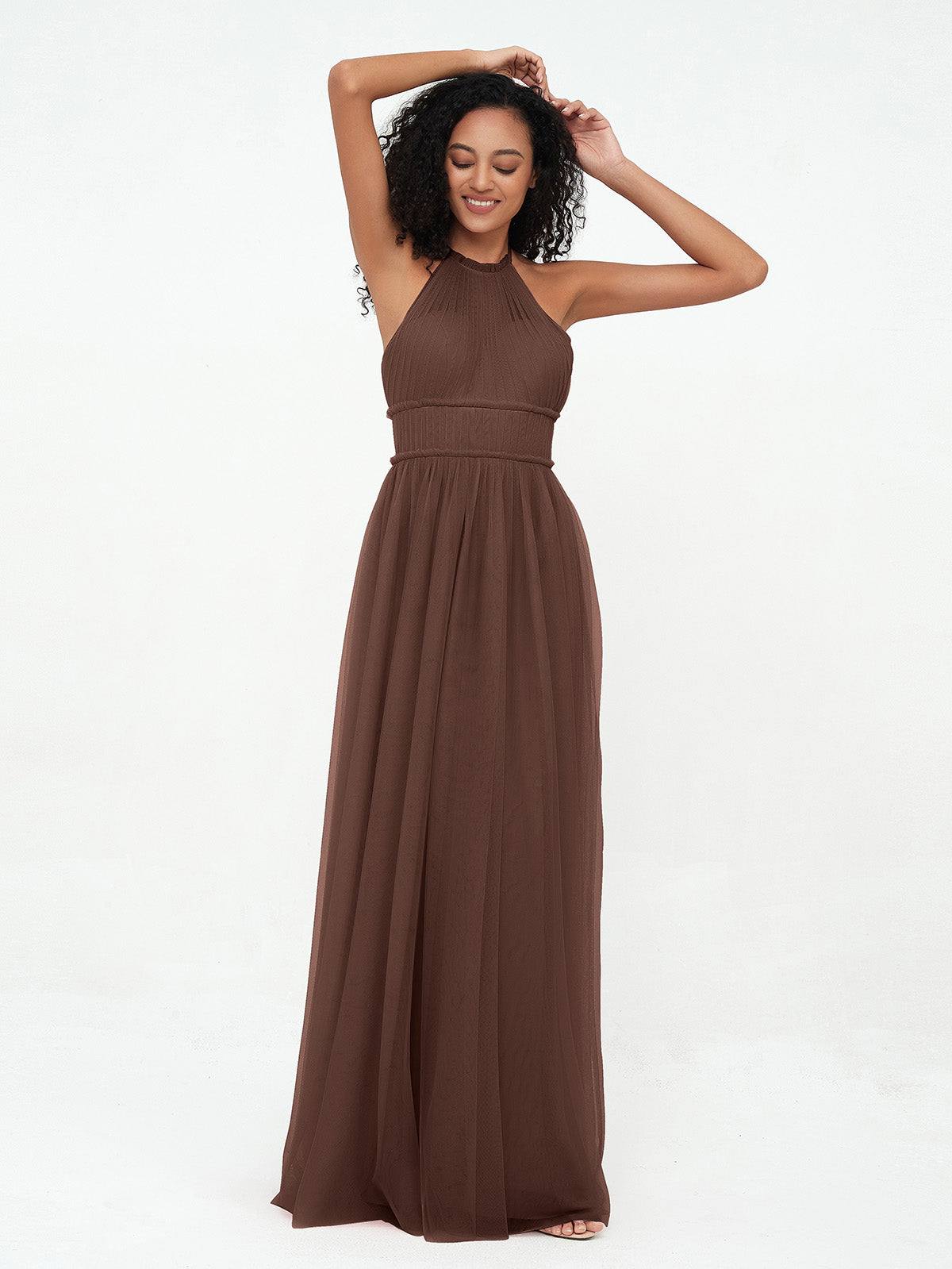 Illusion Halter Tulle Maxi Boho Dresses-Chocolate