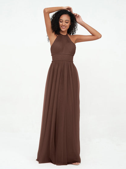 Illusion Halter Tulle Maxi Boho Dresses-Chocolate