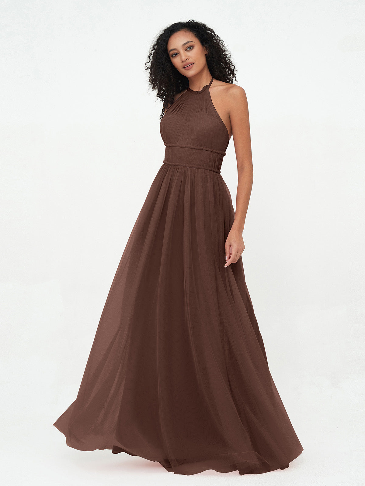 Illusion Halter Tulle Maxi Boho Dresses-Chocolate