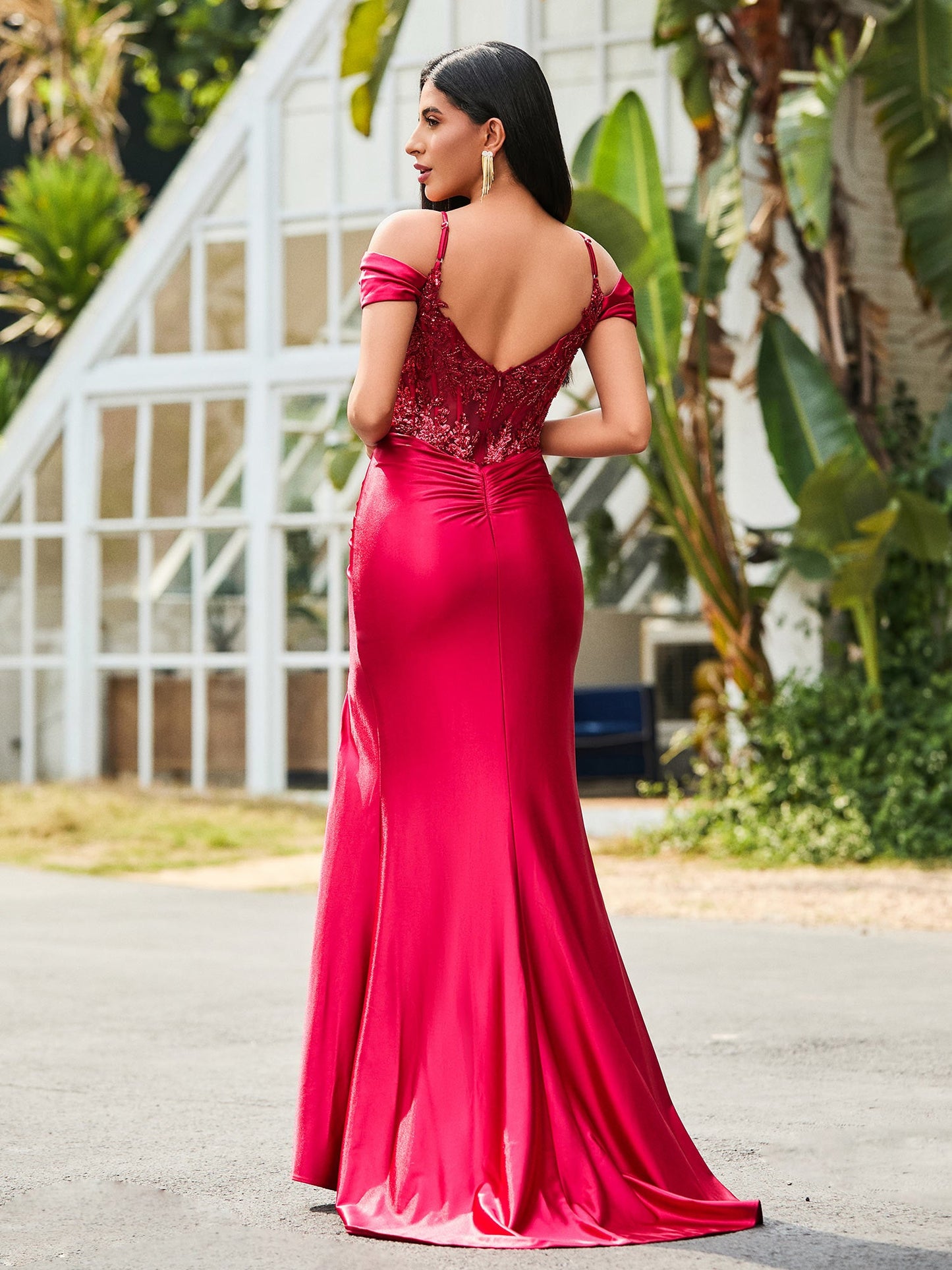 Off the Shoulder Corset Bodice Satin Gown Burgundy