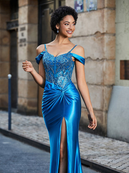 Off the Shoulder Corset Bodice Satin Gown Ocean Blue