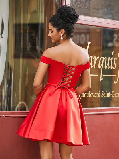 Off Shoulder Satin Homecoming Dress with Pockets Red