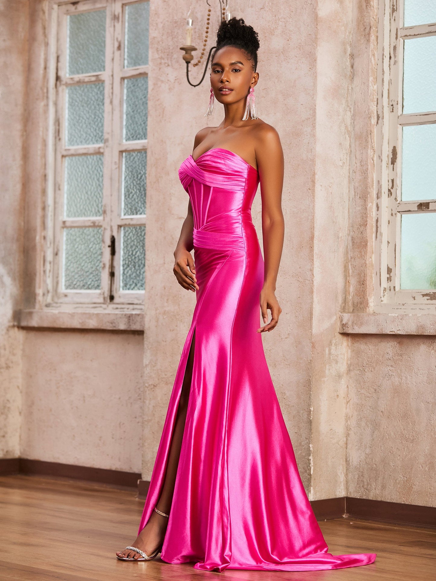 Sexy Sweetheart Stretch Satin Trumpet Long Dress Fuchsia