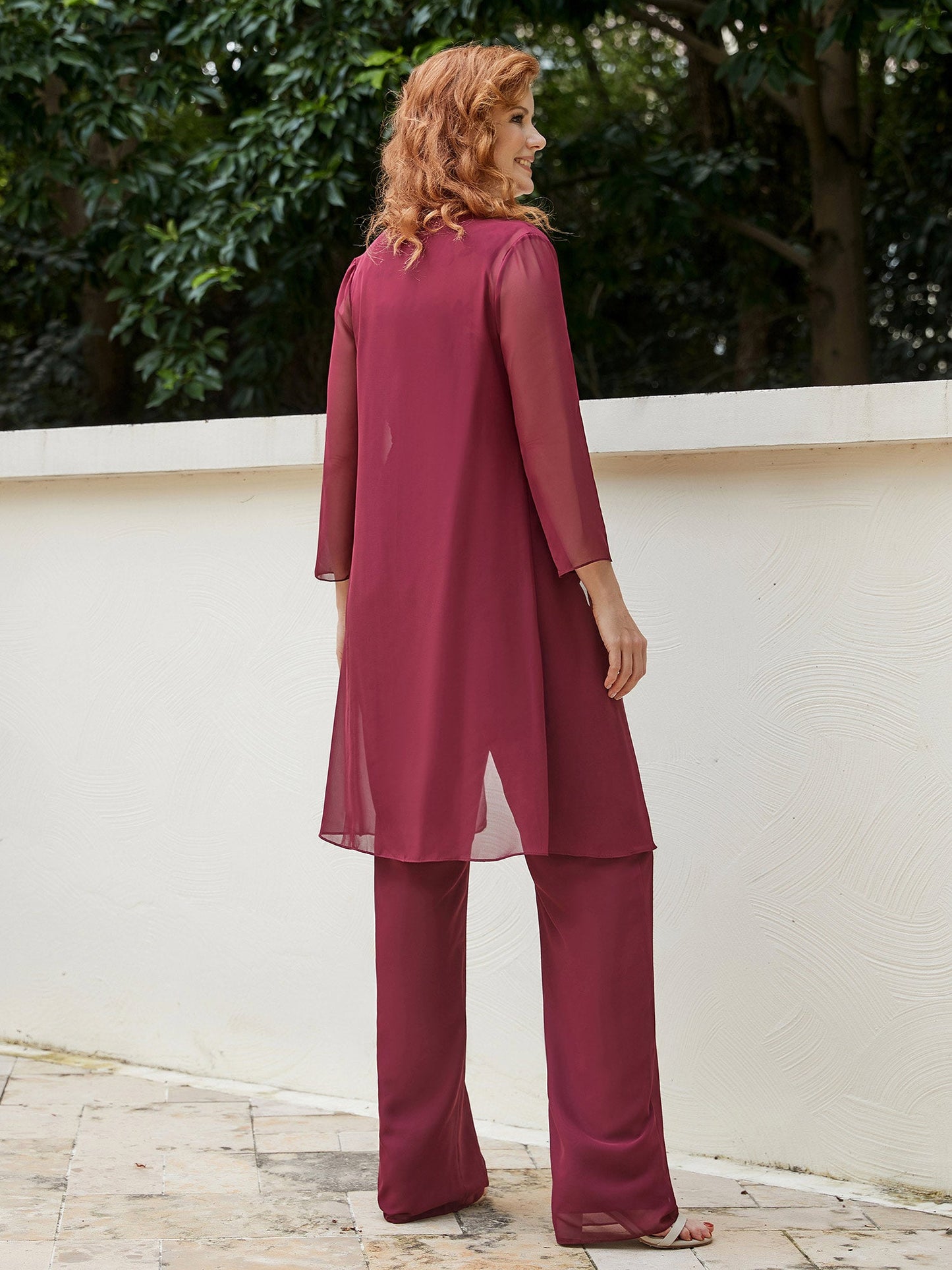 Chic Lace Top Pant Suit with Jacket Burgundy