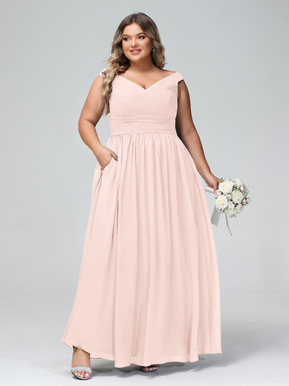Off shoulder V-neck Maxi Dress with Pockets-Pearl Pink