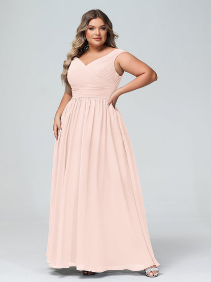 Off shoulder V-neck Maxi Dress with Pockets-Pearl Pink