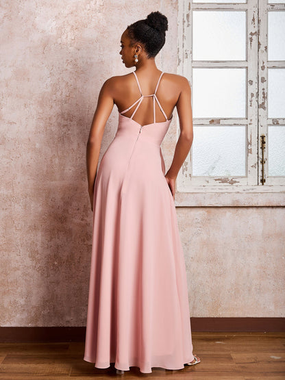 Halter Criss-Cross Straps Ruffles Chiffon Bridesmaid Dresses Dusty Rose