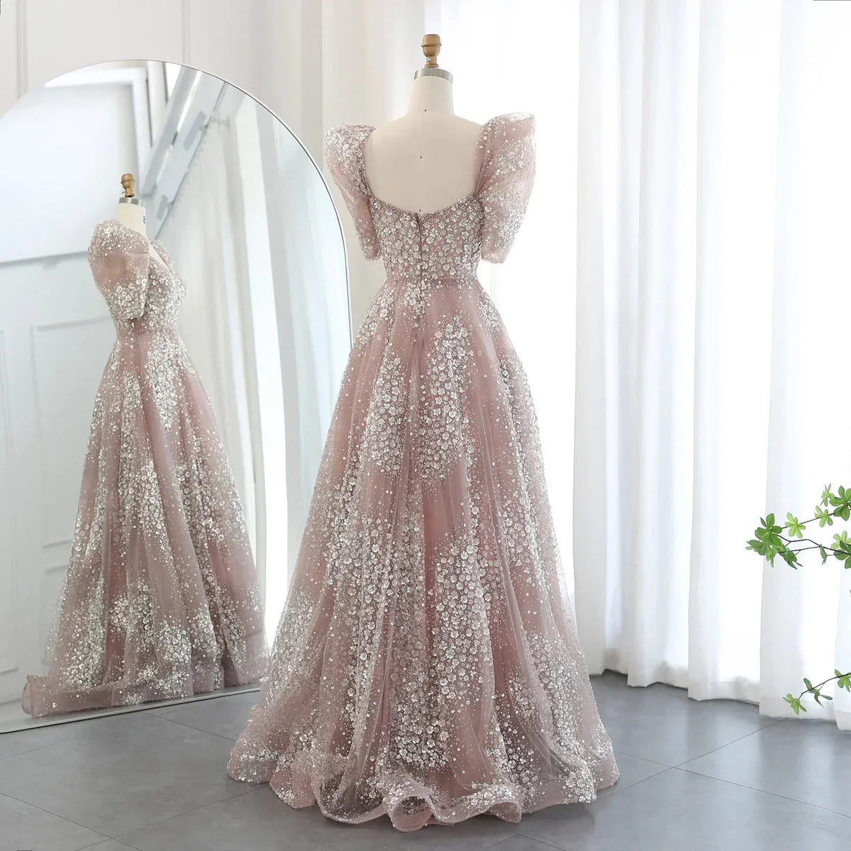 Gorgeous Sparkling Beaded Sequin Short-sleeve A-Line Long Prom Dress Evening Dress HZ1024