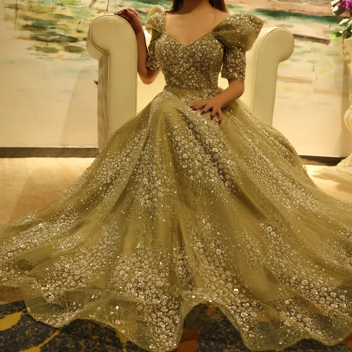 Gorgeous Sparkling Beaded Sequin Short-sleeve A-Line Long Prom Dress Evening Dress HZ1024