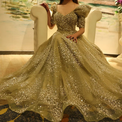 Gorgeous Sparkling Beaded Sequin Short-sleeve A-Line Long Prom Dress Evening Dress HZ1024