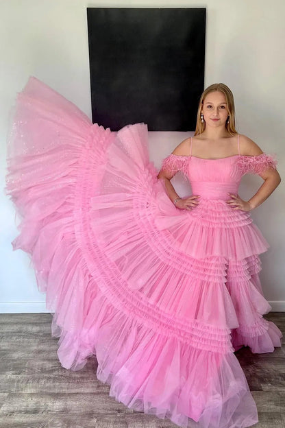 Glitter Pink Spaghetti Straps Appliques Tiered Long Prom Dress with Slit