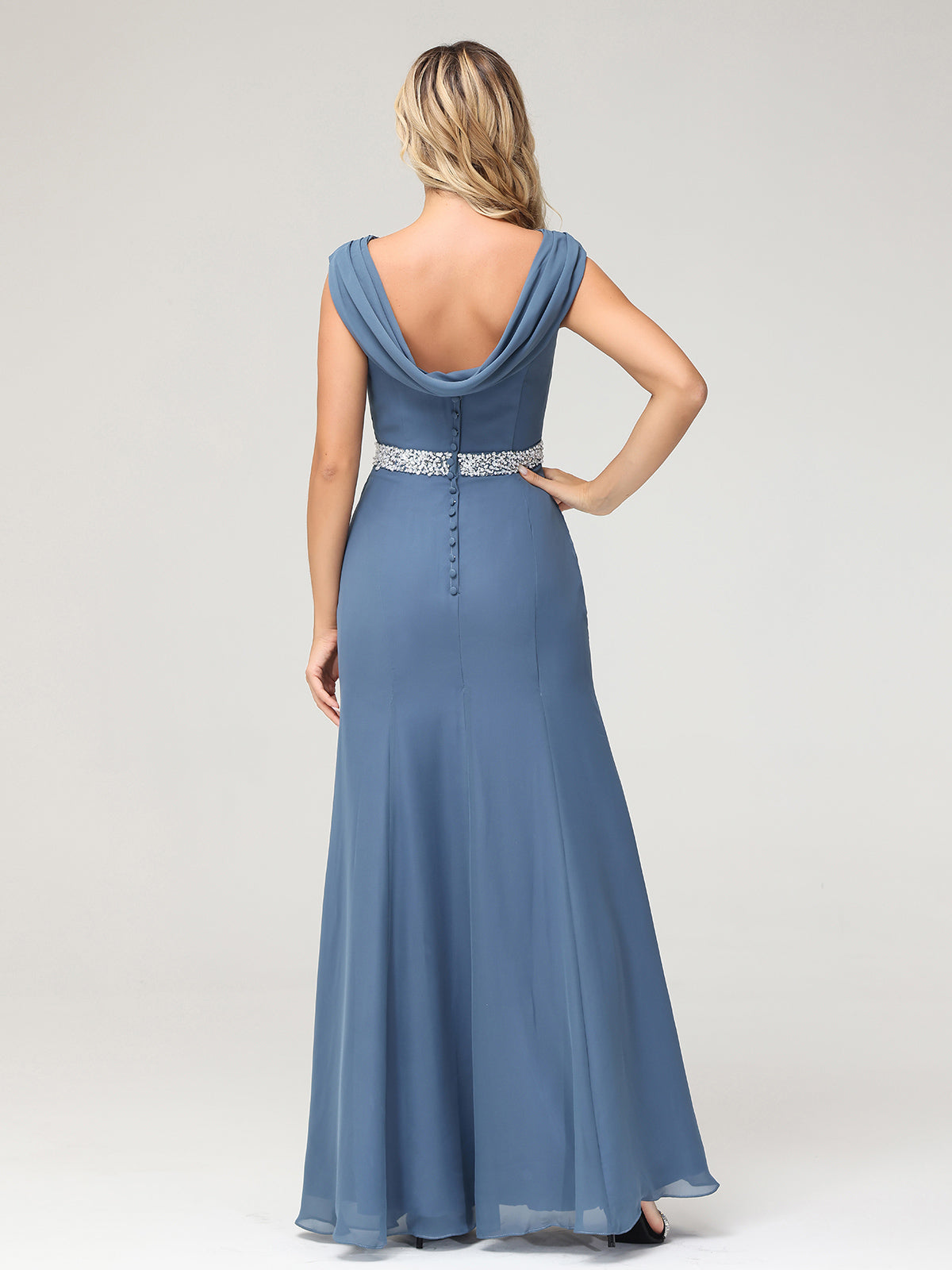 Chiffon Sheath Dress with Beaded Waistband-Slate Blue