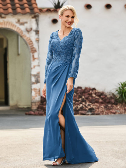 V-Neck Lace Top High Slit Pleated Dress Ink Blue