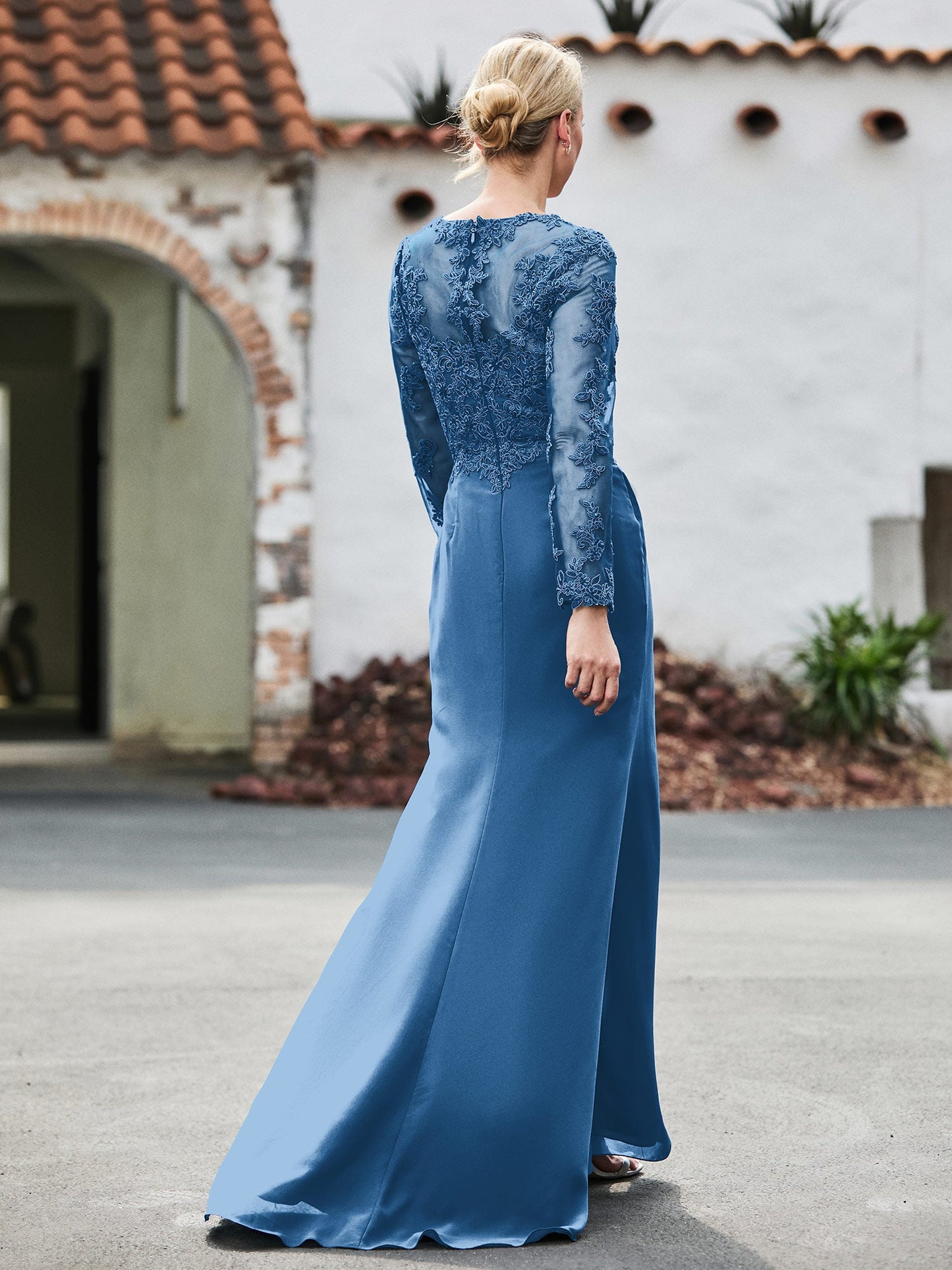 V-Neck Lace Top High Slit Pleated Dress Ink Blue