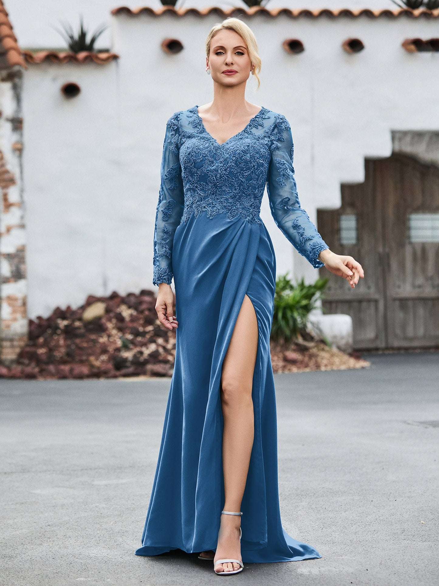 V-Neck Lace Top High Slit Pleated Dress Ink Blue