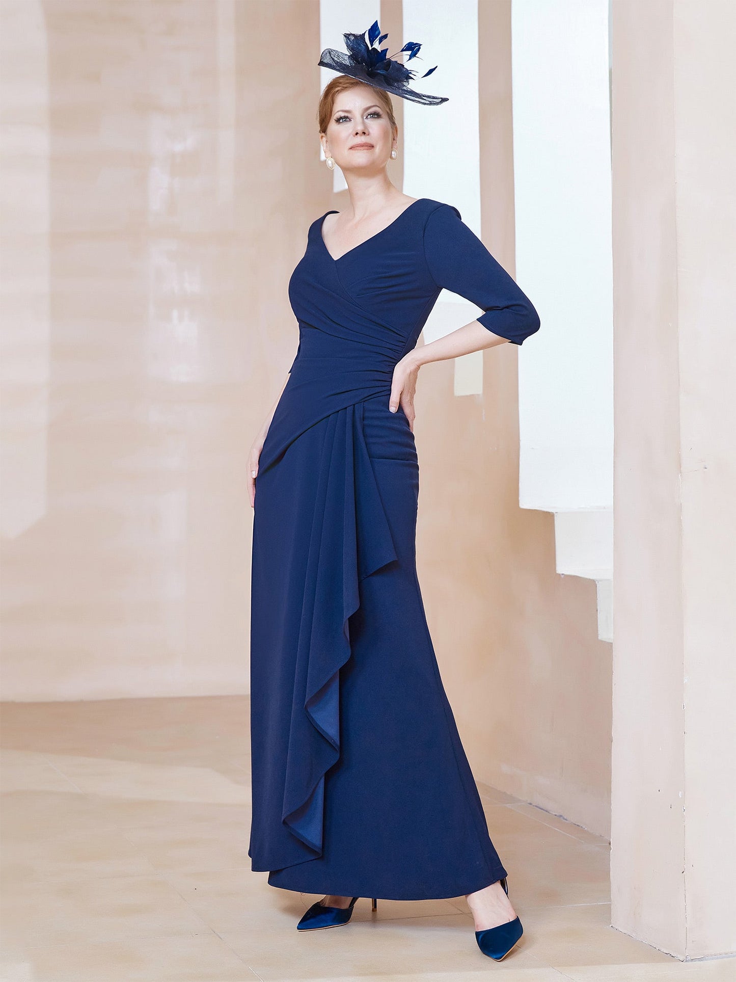 V-neck Half Sleeves Pleated Dress Navy Blue