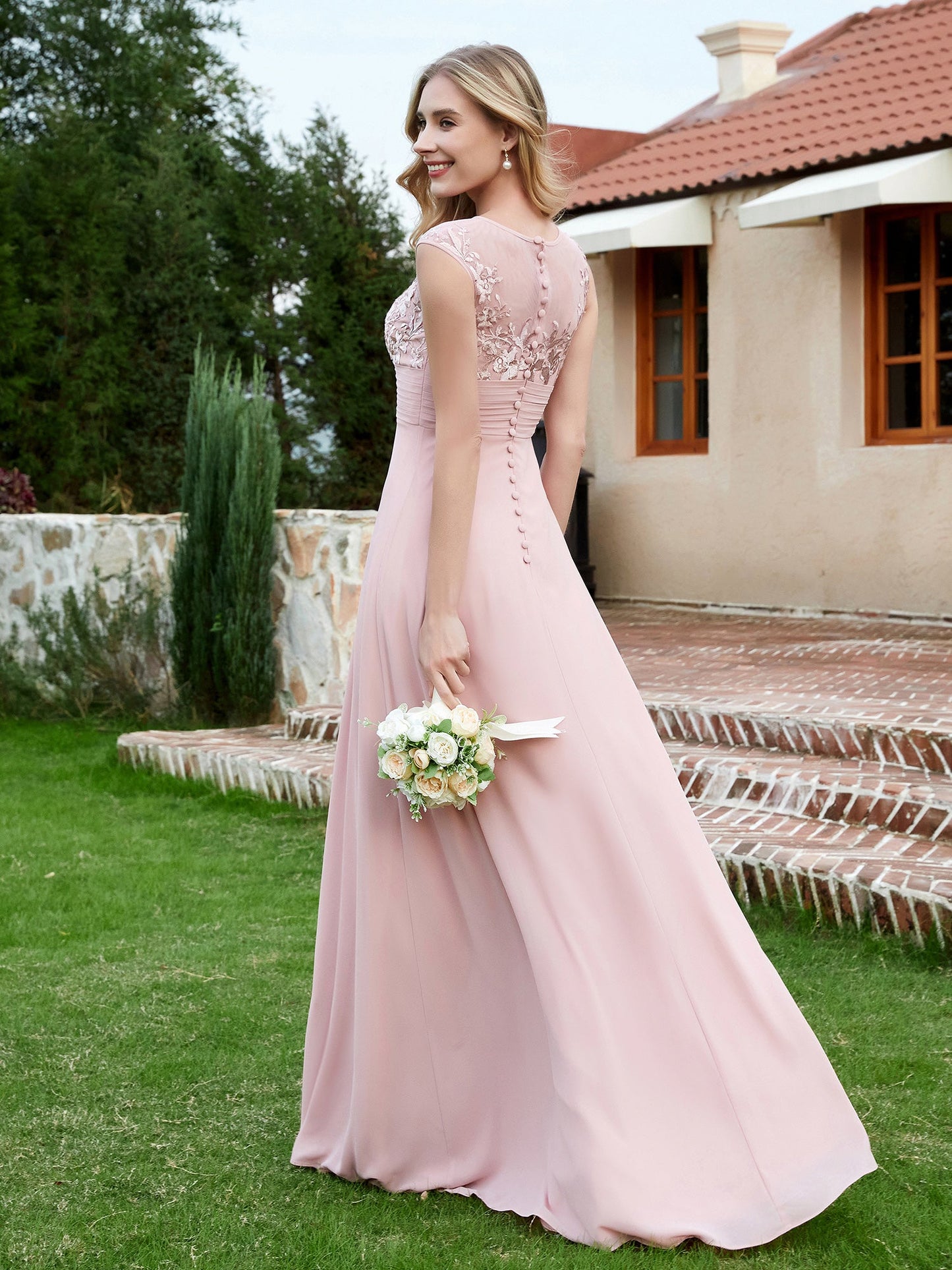 Chiffon And Lace Floor-length A-line Dress Dusty Rose