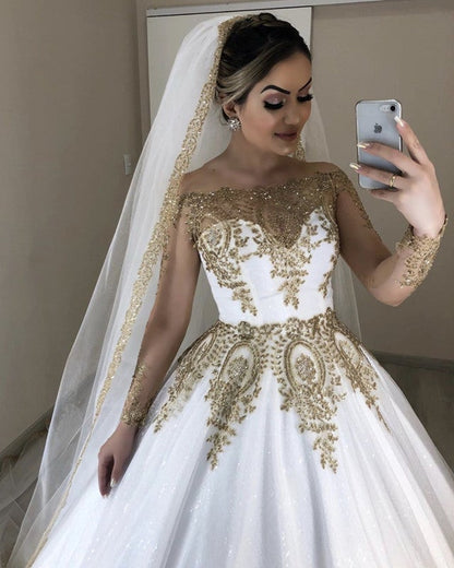 Gold Lace Wedding Dress Long Sleeves Ball Gown