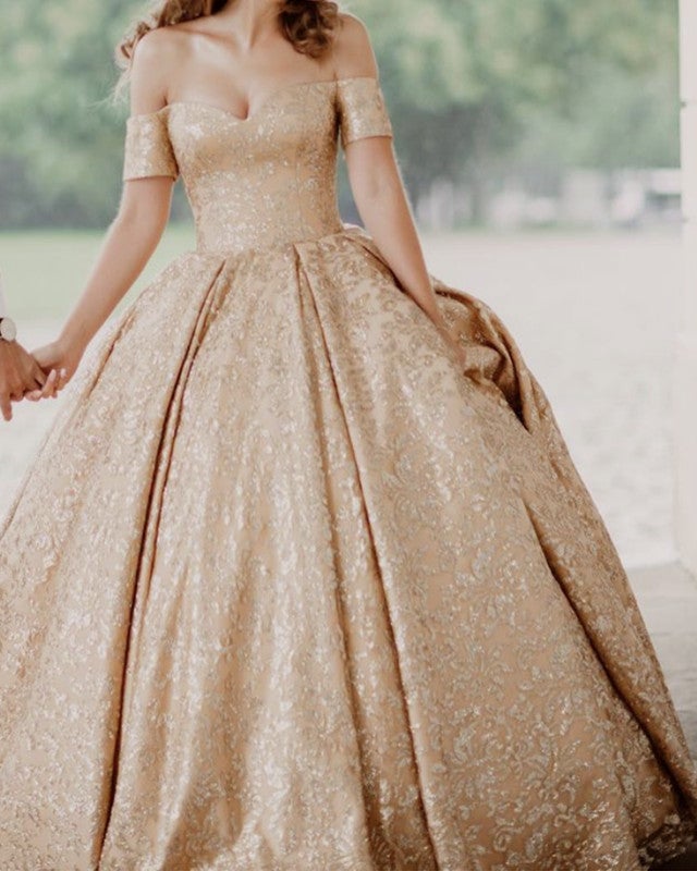 Gold Sequins Wedding Dress Ball Gown Off The Shoulder