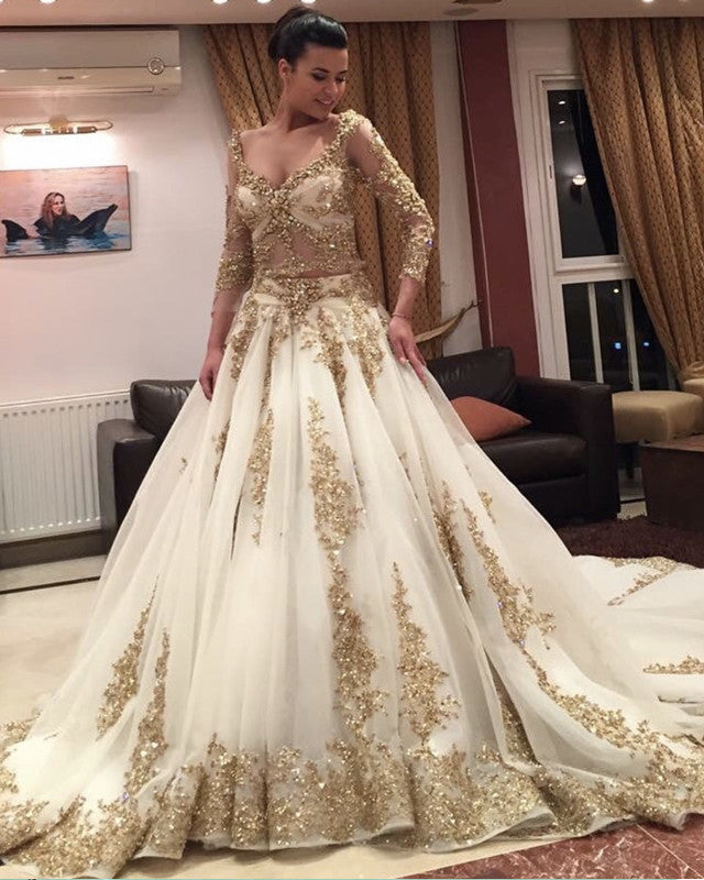 Gold Lace Appliques Wedding Dress Two Piece Ball Gown