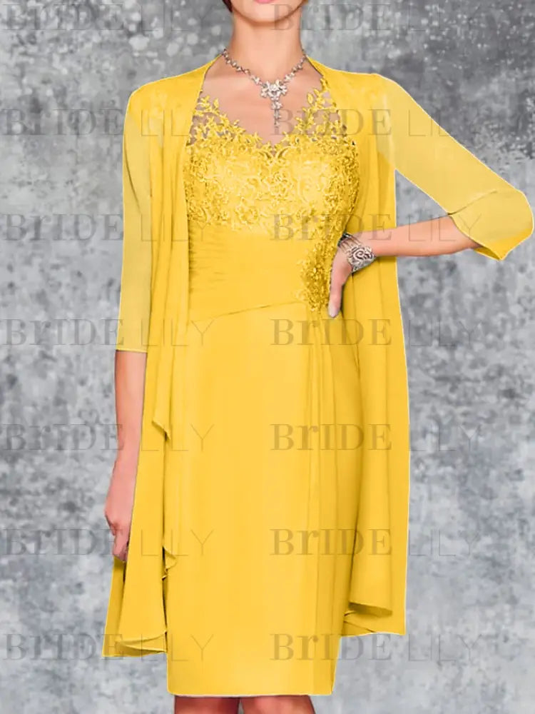 Two Piece Ruffle Chiffon Mother of the Bride Outfit Lace Short Wedding Guest Dress