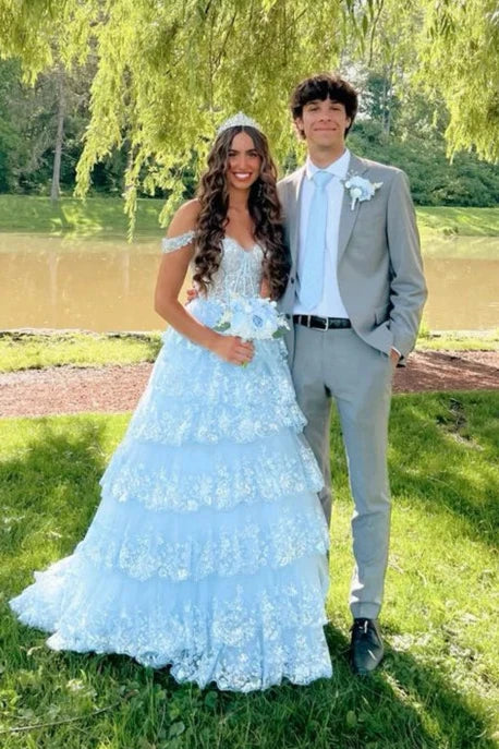 Gold Sequin Lace Off-the-Shoulder Ruffle Tiered Ball Gown