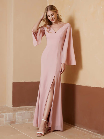 V-neck Sheath Column Chiffon Dress With Slit Dusty Rose