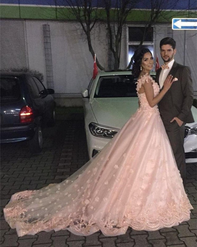 Gorgeous Lace Embroidery V-neck Off Shoulder Tulle Peach Wedding Dresses