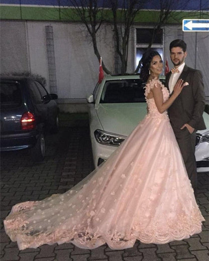 Gorgeous Lace Embroidery V-neck Off Shoulder Tulle Peach Wedding Dresses
