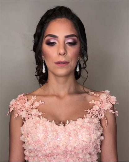 Gorgeous Lace Embroidery V-neck Off Shoulder Tulle Peach Wedding Dresses