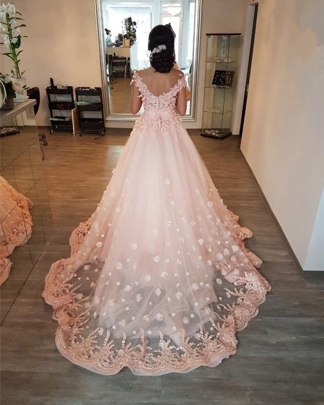 Gorgeous Lace Embroidery V-neck Off Shoulder Tulle Peach Wedding Dresses
