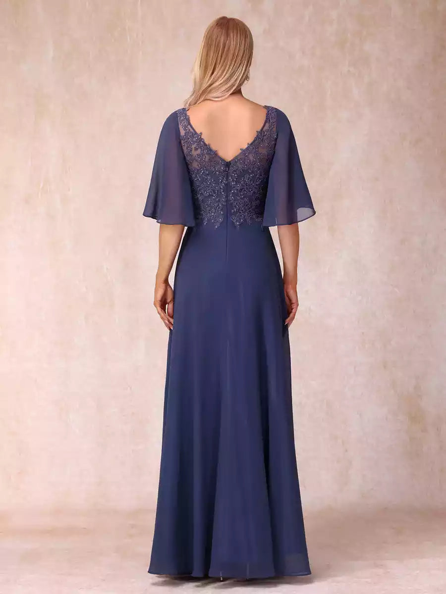 Gorgeous A-line/princess style V-neck half sleeve long formal bead and decal Mother of the Bride Dresses