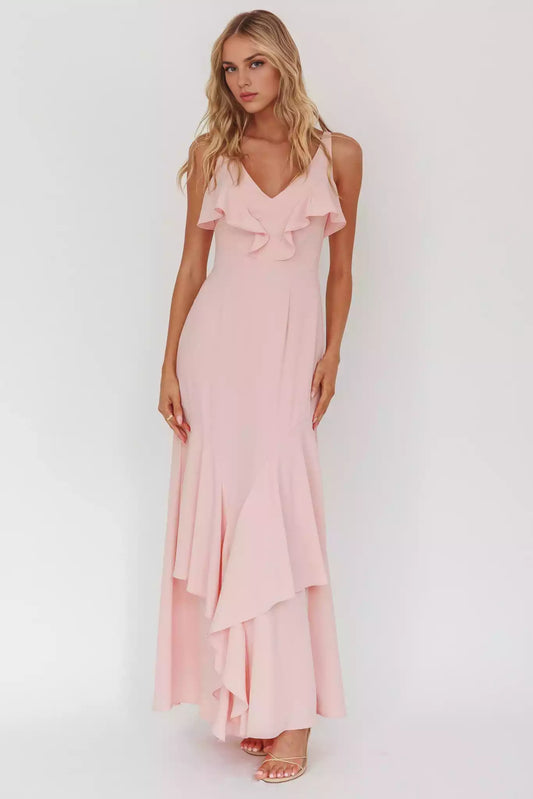 Gorgeous V-neck ruffle lined back with zipper Prom Dresses