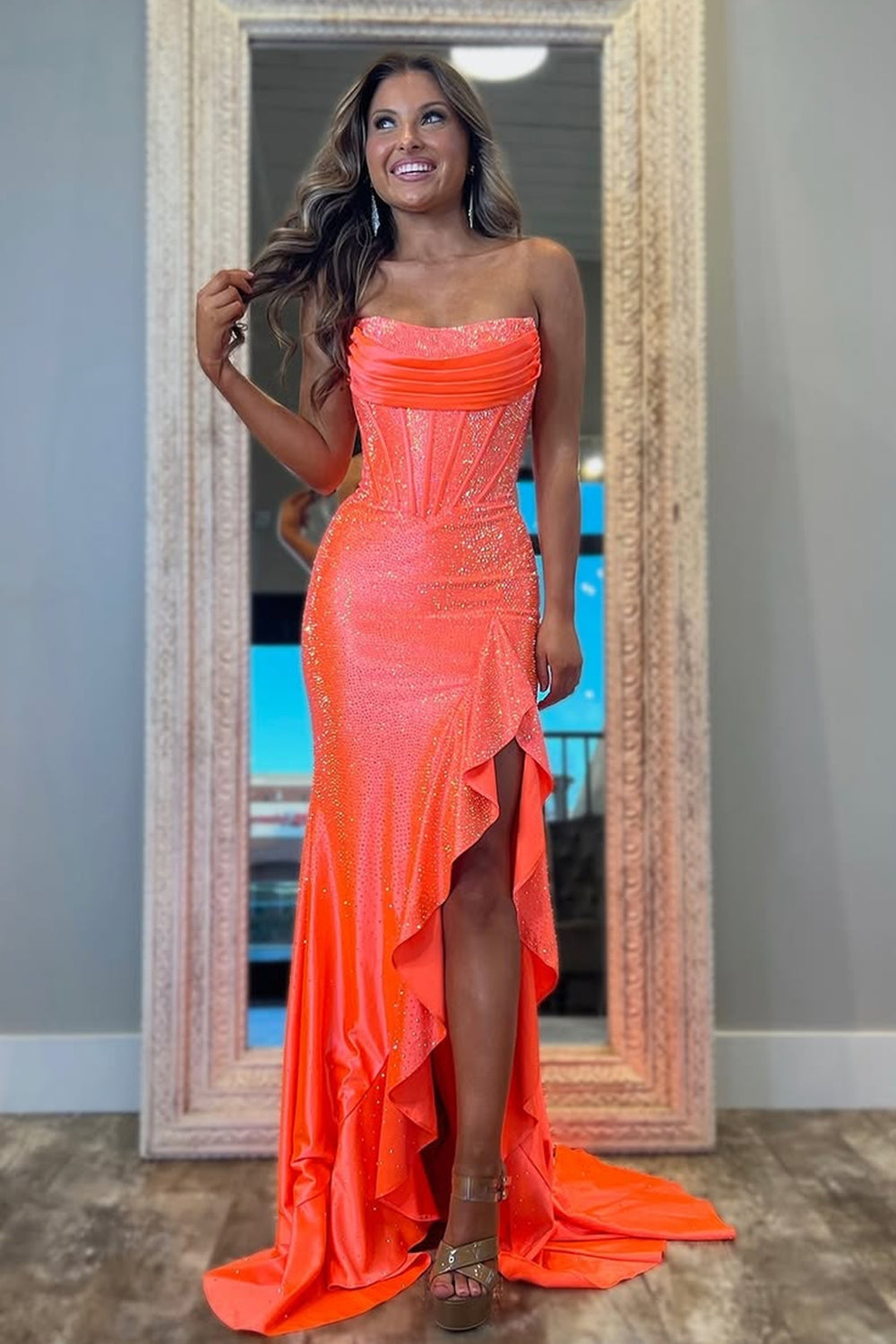 Light Blue Mermaid Strapless Lace Up Long Beaded Prom Dresses