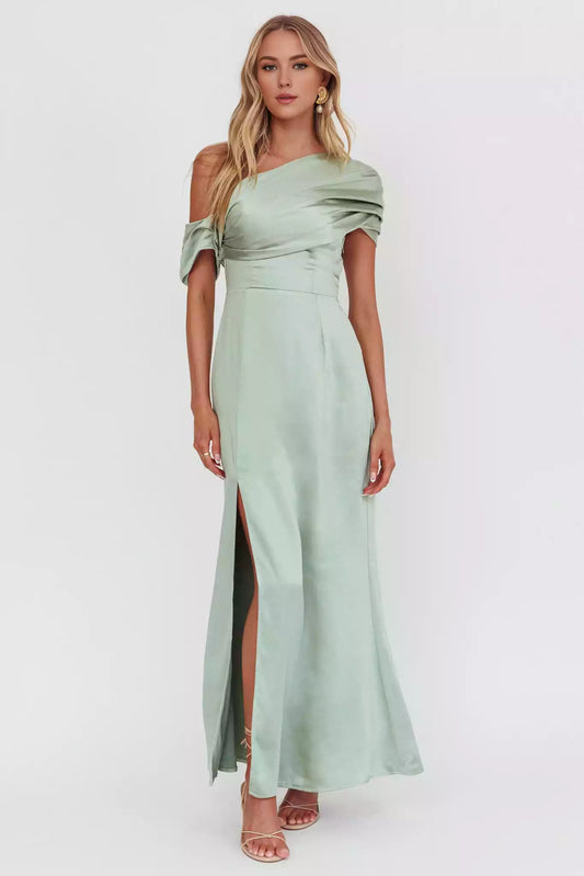 Gorgeous asymmetrical shoulder design with pleated details, side zipper, and side slit Prom Dresses