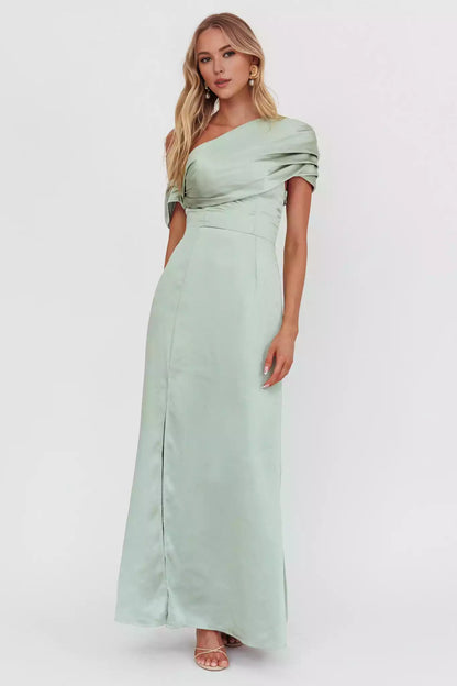 Gorgeous asymmetrical shoulder design with pleated details, side zipper, and side slit Prom Dresses