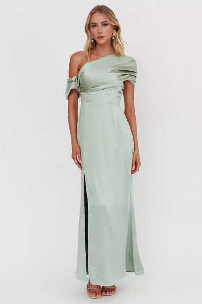 Gorgeous asymmetrical shoulder design with pleated details, side zipper, and side slit Prom Dresses