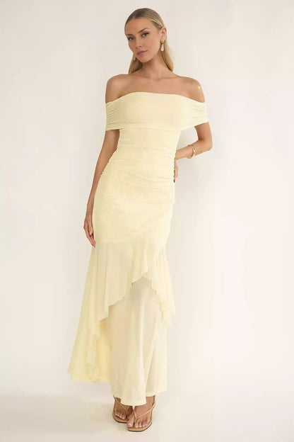 Gorgeous close fitting silhouette with off shoulder pleat details and zippered side Prom Dresses