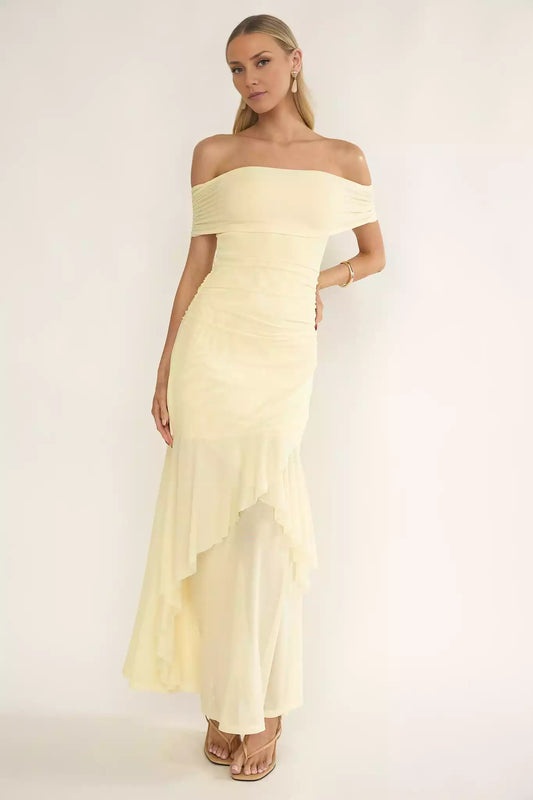 Gorgeous close fitting silhouette with off shoulder pleat details and zippered side Prom Dresses