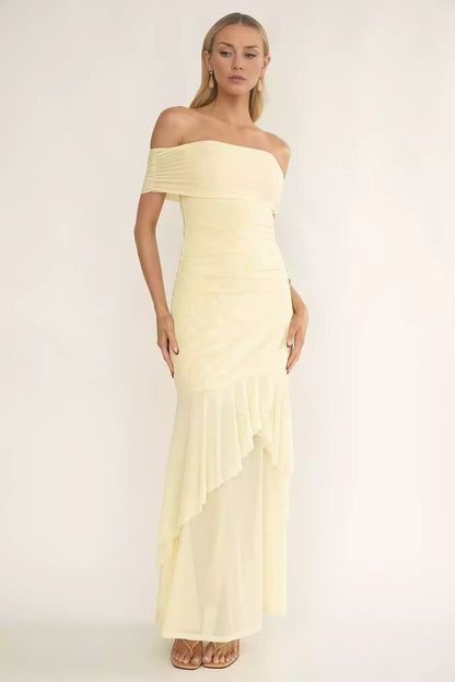 Gorgeous close fitting silhouette with off shoulder pleat details and zippered side Prom Dresses