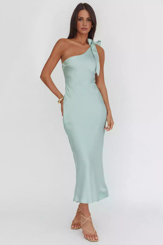 Gorgeous decorative lining with single shoulder design, featuring bow tie side zipper Prom Dresses