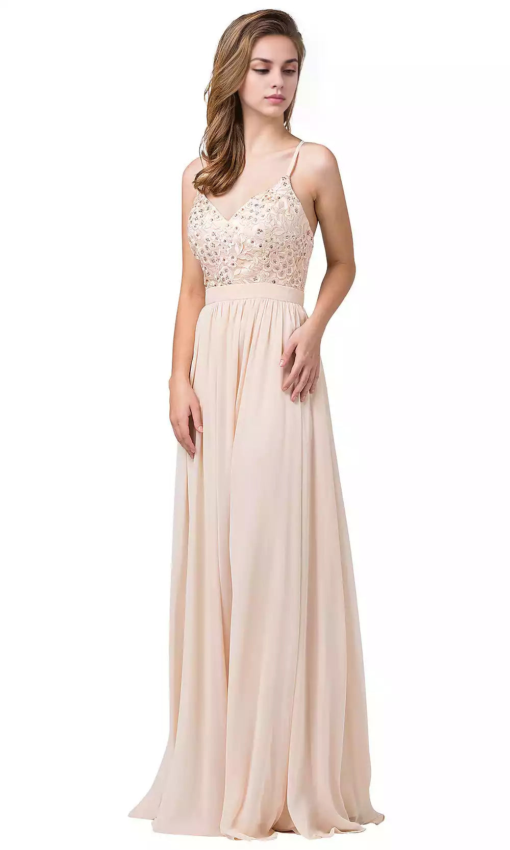 Gorgeous embroidered heart-shaped neckline, slim shoulder straps, fully lined A-line chiffon and floor Prom Dresses