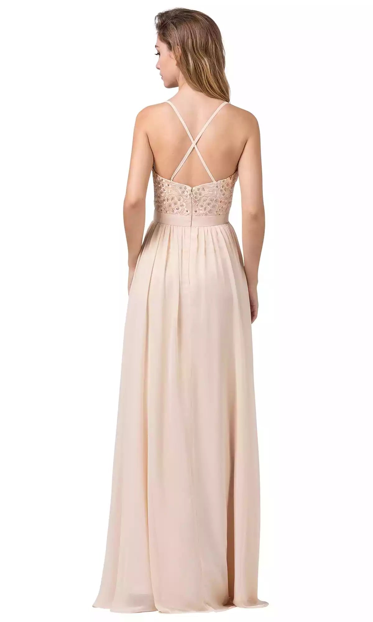 Gorgeous embroidered heart-shaped neckline, slim shoulder straps, fully lined A-line chiffon and floor Prom Dresses