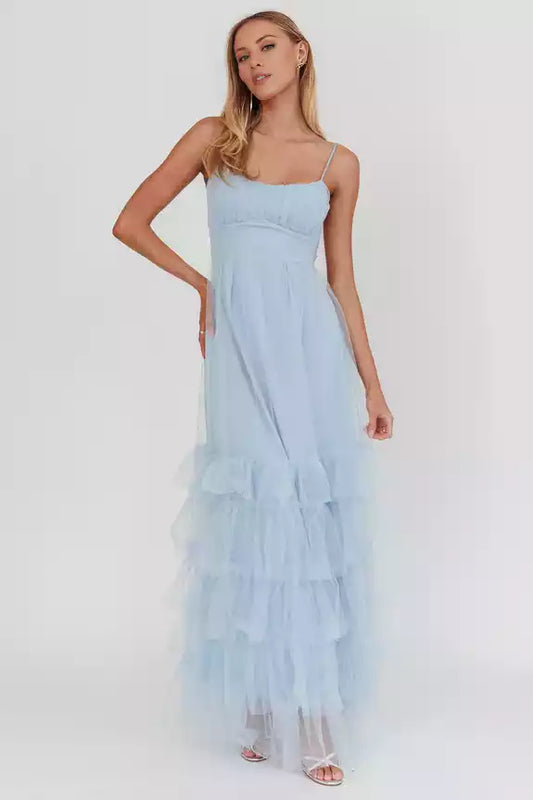 Gorgeous grid coverage, adjustable shoulder straps with ruffled edges and side zippers Prom Dresses