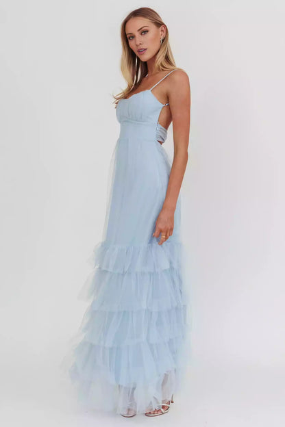 Gorgeous grid coverage, adjustable shoulder straps with ruffled edges and side zippers Prom Dresses