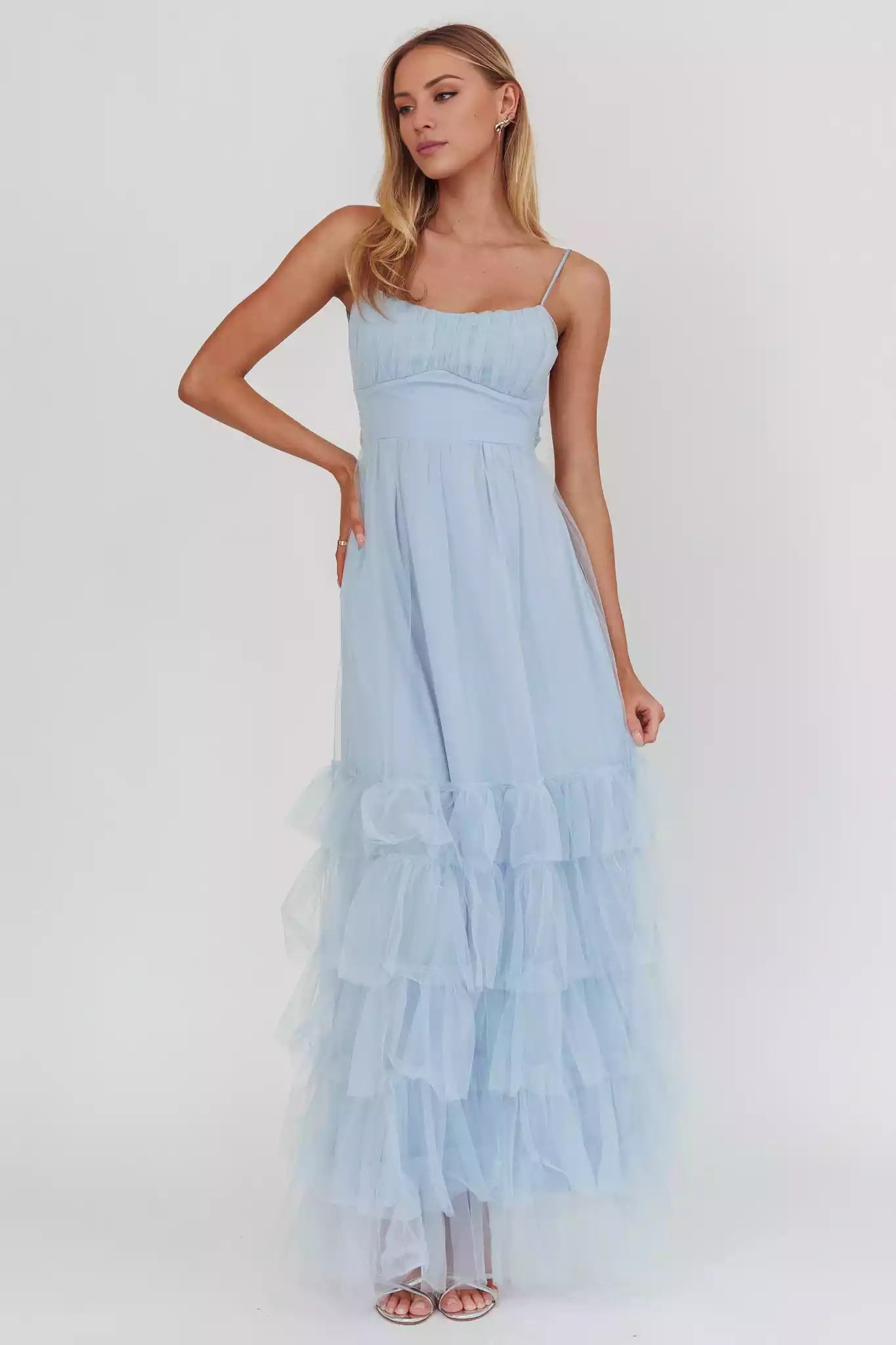 Gorgeous grid coverage, adjustable shoulder straps with ruffled edges and side zippers Prom Dresses