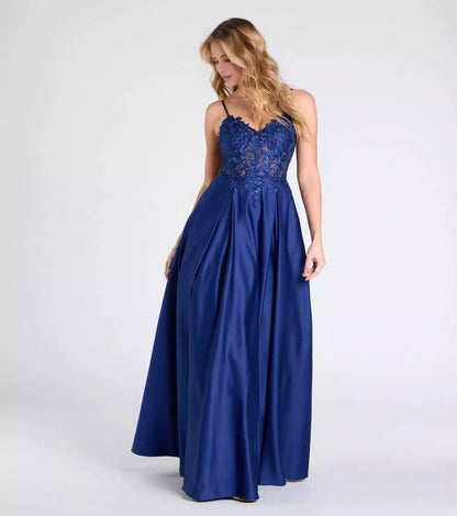 Gorgeous high-quality satin V-neck thin shoulder strap with lace up, hollowed out floral embroidery tight corset A-line and floor Prom Dresses