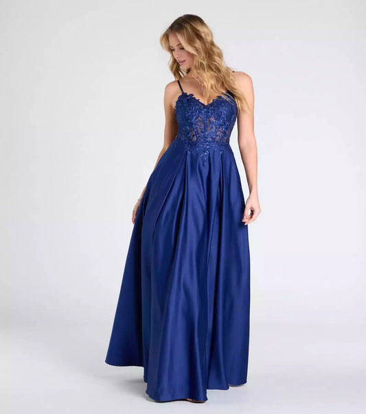 Gorgeous high-quality satin V-neck thin shoulder strap with lace up, hollowed out floral embroidery tight corset A-line and floor Prom Dresses